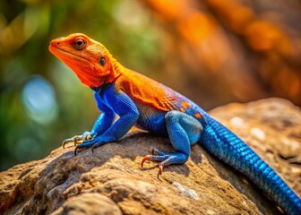 Vibrant Blue & Orange Lizard Posing on Ledge with Chameleon & Crayon