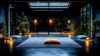 Serene indoor zen garden, meditation space, evening ambiance, calm background, ideal for wellness