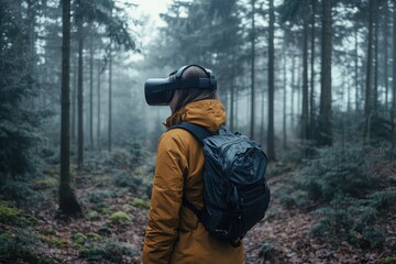 A person wearing a VR headset stands in a misty forest, blending technology with nature, exploring virtual experiences in a tranquil environment.