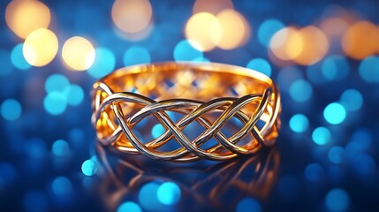Gold ring with interwoven vine patterns on blue lights background