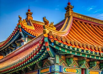Obraz premium Vibrant Chinese Temple Rooftop Architecture, Colorful Tiles, Asian Culture, Travel Photography