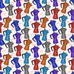 Watercolor seamless pattern with coffee attributes - various coffee pots, geyser coffee makers, cups, berries