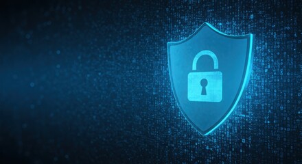 Digital Security Shield with Padlock on Binary Code Background