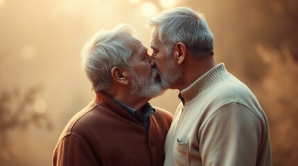 Obraz premium Portrait of two senior man kissing each other. LGBT concept.