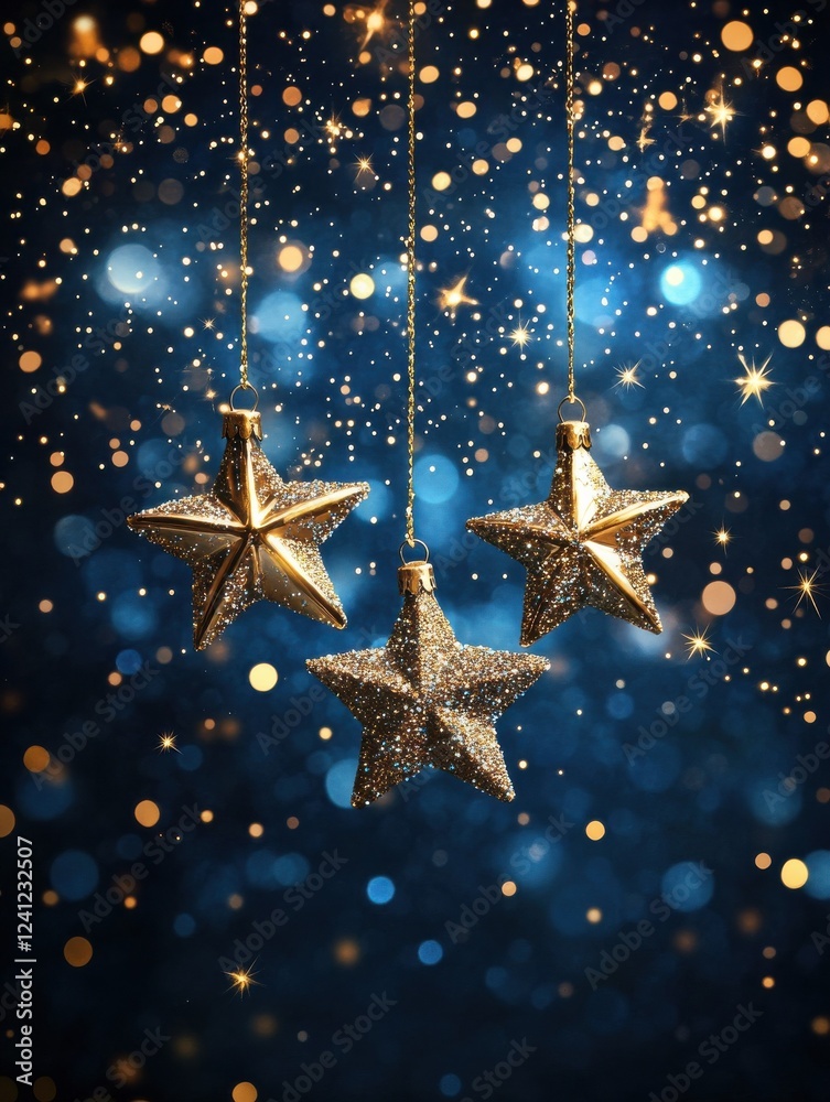 Wall mural abstract christmas background with falling snowflakes and sparkling stars on blue background with em