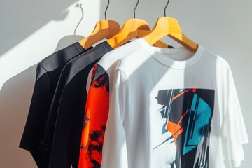 A stylish display of colorful graphic t-shirts hanging on wooden hangers, bathed in soft sunlight, showcasing modern fashion trends.