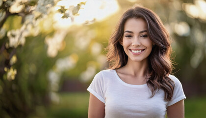Fototapeta premium Portrait of a Smiling Woman Enjoying Springtime Outdoors with a Beautiful Garden Background