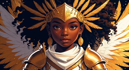 Golden feathered armor with white tunic under soft divine light kid black African female curly brown hair background illustration portrait