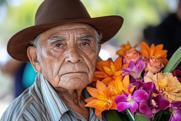 A thoughtful elderly man wearing a stylish hat holds an exquisite bouquet of flowers, radiating wisdom and embodying the beauty of nature within a vibrant market scene.