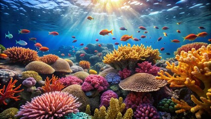 Vibrant Underwater Landscape with Colorful Corals and Fish