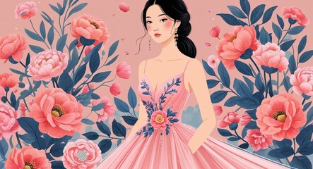 Fototapeta premium Graceful blush pink gown with floral embroidery in artistic gala young Asian woman neatly tied black hair background illustration portrait