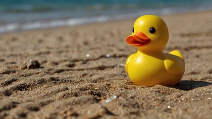 Plastic Yellow Duck, Yellow rubber duck toy on the sandy beach, Close-up image of yellow rubber duck on beach with ocean background