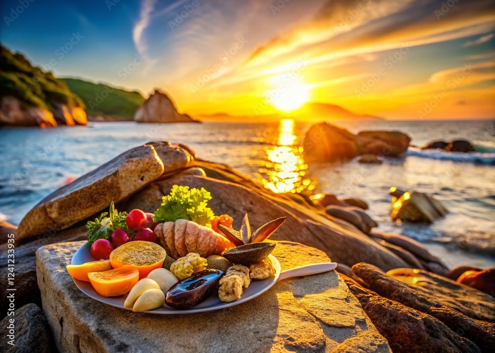 Wall mural Sunlit Coastal Rocks & Gentle Waves: Serene Food Photography Scene