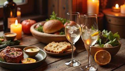 A holiday table featuring a bottle of aquavit, glasses, and Nordic snacks like rye bread, cheese, and herring, decorated with candles for a cozy Scandinavian atmosphere.