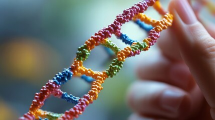 A closeup image of a human hand holding a model of a DNA double helix with colorful representations of yl and acetyl groups attached illustrating the concept of epigenetic modifications