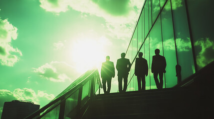 Fototapeta premium Group of business people silhouettes in modern office building and business network concept. Human resources with pastel innovation charts and graphs with statistics to analyze business