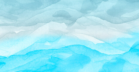Watercolor line of blue paint, splash, smear, blot, abstraction. Used for a variety of design and decoration. Strokes of paint, lines, splash. Horizontal line,background. Blue sea, Hill, fog mountain