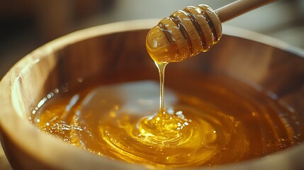 Golden honey dripping from a wooden dipper