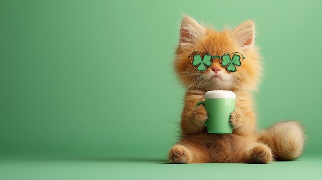 A fluffy orange cat wearing shamrock-shaped sunglasses sips from a green mug against a solid green background, celebrating St. Patrick&rsquo;s Day in a humorous way