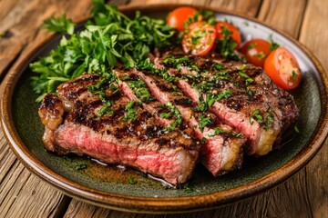 ready-to-eat bistecca alla fiorentina served on a rustic plate, with vibrant colors highlighting its juicy texture, garnished with fresh herbs, evoking a sense of culinary delight