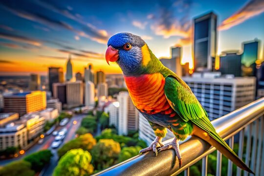 Vibrant Rainbow Lorikeet Parrot on Modern Architecture Balcony
