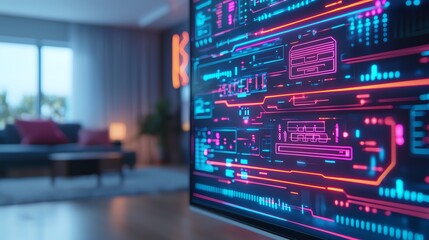 Futuristic digital display in modern living room.