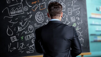 Business professional analyzing complex data visuals on a chalkboard in a modern office setting