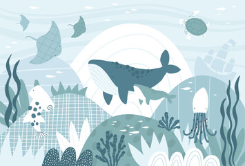Vector illustration underwater world with cute whale, stingray, shark, turtle, octopus, crab. Algae and coral. Children's sea wallpaper. Animals. Kids room design, wall decor. Mural. Wall art.