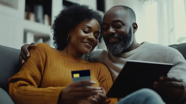 Happy african american wife doing shopping online while using digital tablet and credit card at home with husband. Middle aged black couple making an online purchase using debit card on digital table - Powered by Adobe