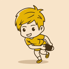Boy rugby player holding a rugby ball in running pose, chibi character in retro colors