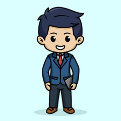 chibi character of a man wearing an office suit standing upright and holding a laptop