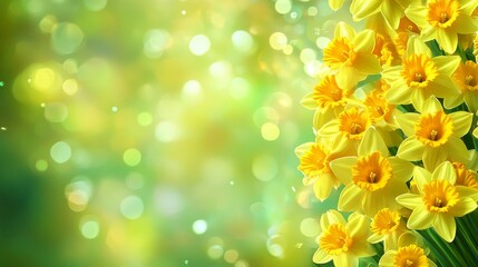 Bright spring background with cheerful yellow daffodils, green bokeh light. St David's Day, Women's Day, copy space