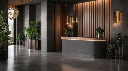 Fototapeta premium Modern reception area with elegant lighting and lush greenery, showcasing a serene atmosphere