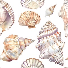 Obraz premium Beautiful collection of seashells arranged on a white background showcasing unique shapes and textures