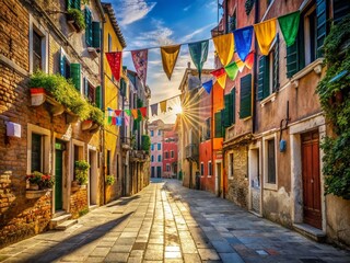 Obraz premium Vibrant Venetian Street Scene with Colorful Flags and Charming Architecture