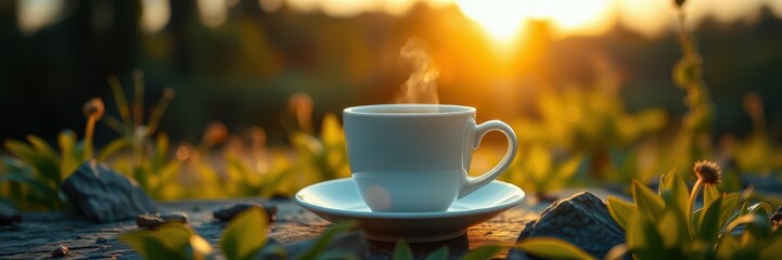 Obraz premium Steam rises from a coffee cup placed on a wooden surface at sunrise surrounded by green plants