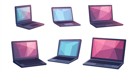A set of cartoon-style laptops with flat colors and a low-poly design