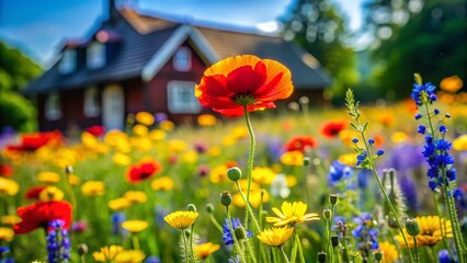 Obraz premium Vibrant Wildflower Meadow: Red, Yellow & Blue Blossoms in Lush Green Foliage