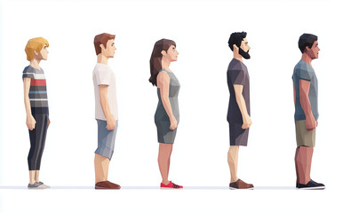 Fototapeta premium A side view of low poly people standing in line, with different body types and skin tones