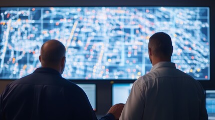 Technicians Monitor Holographic Solar Panel Data in Smart Energy Control Room