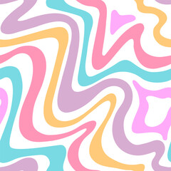Abstract seamless pattern with wavy pastel colored lines in pink, blue, yellow, and purple on a white background, creating a retro and playful design