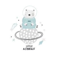 Vector illustration of cute bear astronaut in space, planet Saturn, stars and lettering little astronaut. Space cartoon design for kids. Perfect for invitations, cards, posters. Nursery. Baby.