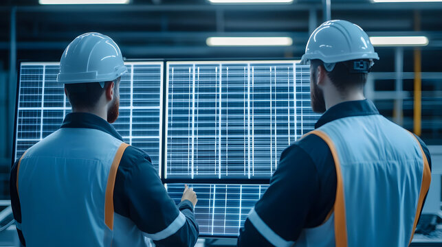 Technicians Monitoring a Holographic Map of Solar Panel Installations for Smart Energy Management