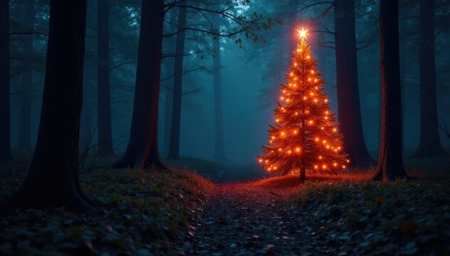 Darkened forest with Christmas tree lights shining through the trees, glow, spooky, eerie