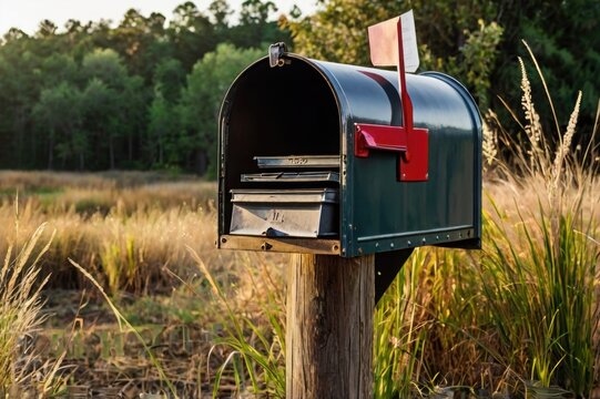 An old, metal country mailbox on a wooden post, surrounded by tall grass.