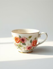 Beautiful floral tea cup on a bright surface with natural light illuminating its delicate details and design