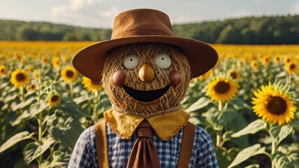 A quirky scarecrow standing in a sunflower field, wearing a floppy hat.
