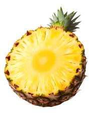 A freshly cut, juicy pineapple slice with its sweet interior visible, placed on a white surface. Transparent background


