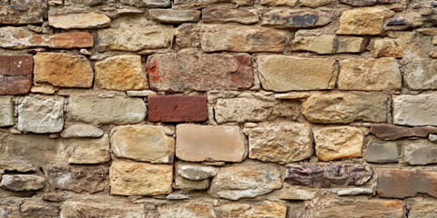 Fototapeta premium Rustic old stone wall background with uneven, time-worn bricks and natural earthy tones.