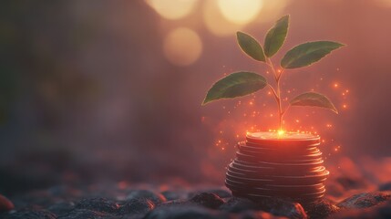 A plant growing on top of money with growing beams of light shining from it, symbolizing the concept of wealth and financial growth.